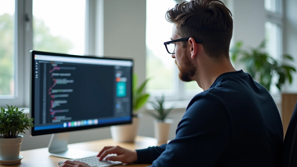 Designer werkt aan responsive webdesign op dual monitors met CSS-code zichtbaar in moderne kantoor omgeving