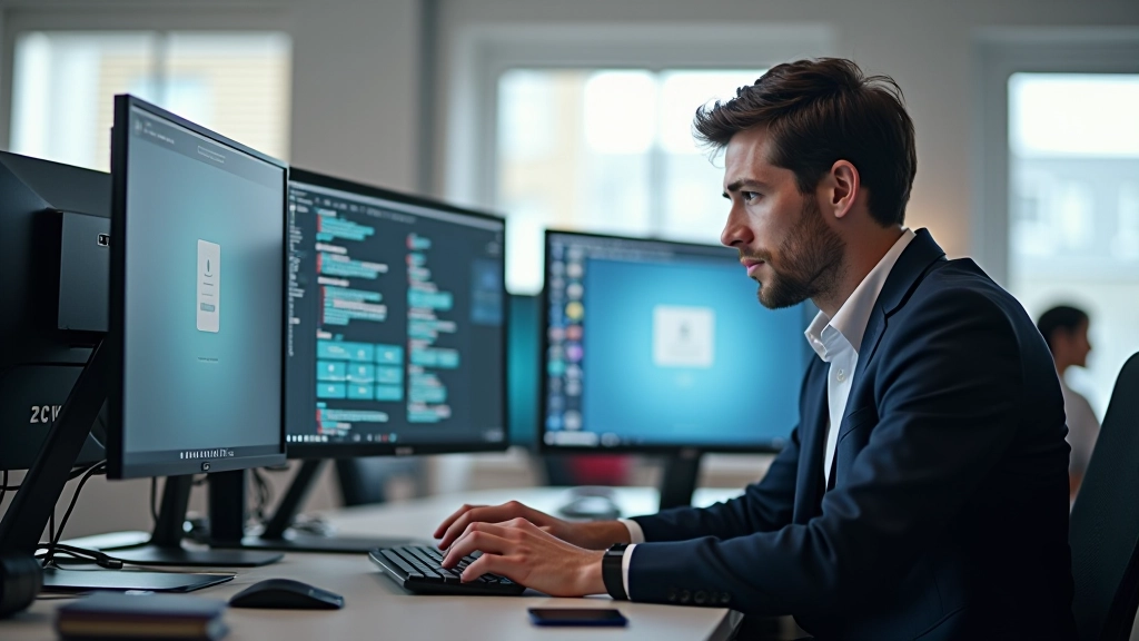 Designer aan het werk met responsive design tools op twee monitors in modern kantoor