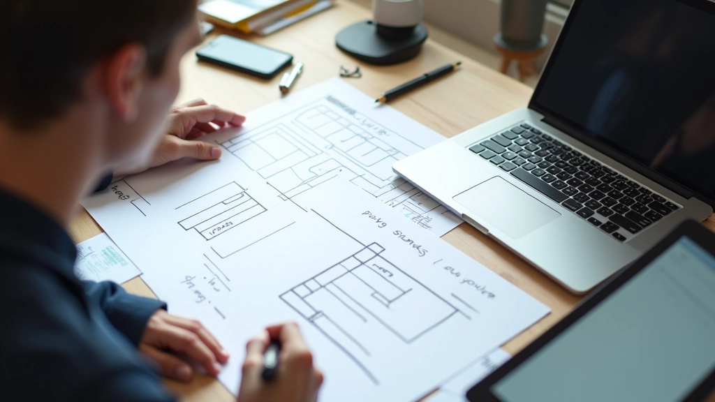 Designer aan het werk met responsive layout schetsen en verschillende apparaatformaten