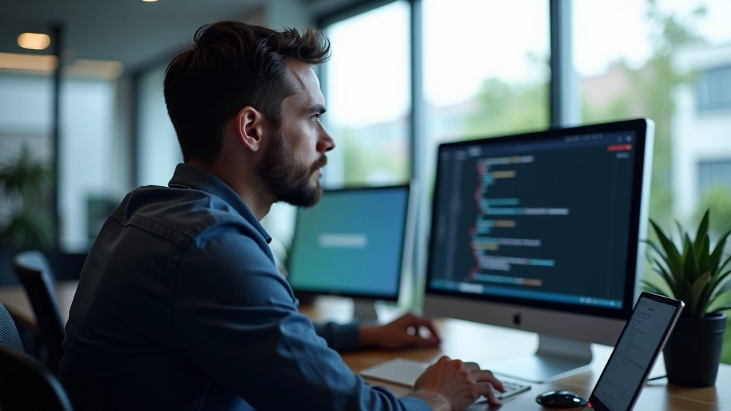 Developer aan bureau met twee schermen, CSS code zichtbaar, modern kantoor met natuurlijk licht