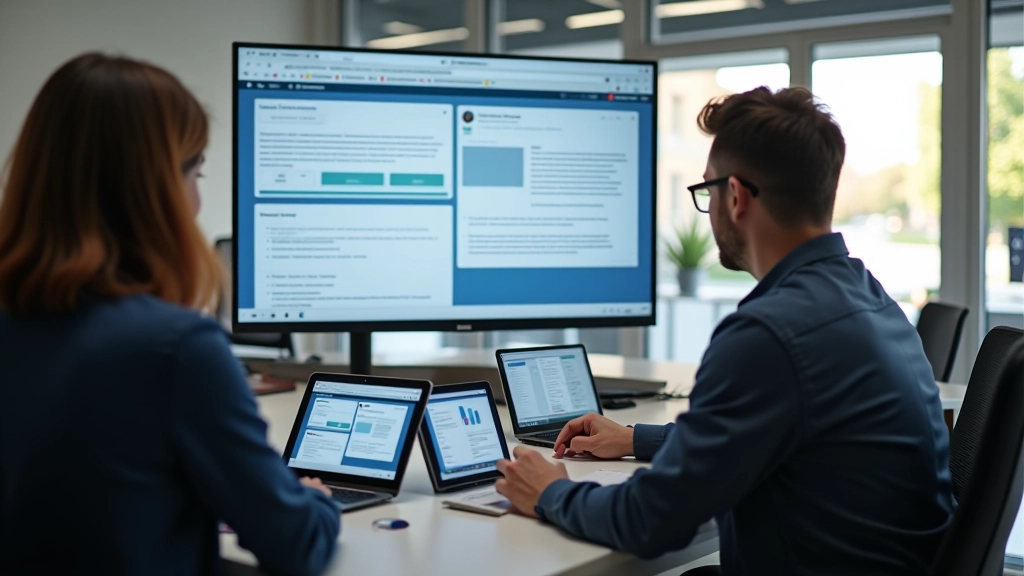 Team collaboratie rond responsief design mockups op groot scherm