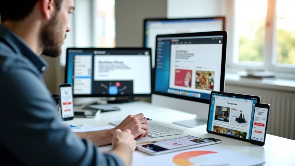 Verschillende smartphones en tablets op een testbank met responsive website zichtbaar op elk scherm