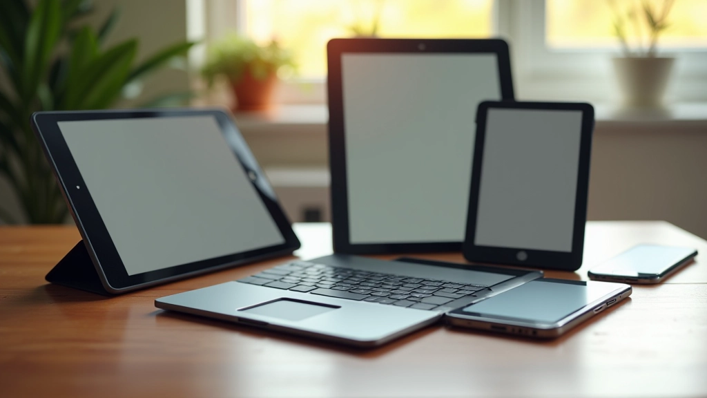 Verschillende mobiele apparaten en tablets op een tafel, schermen tonen responsive design preview